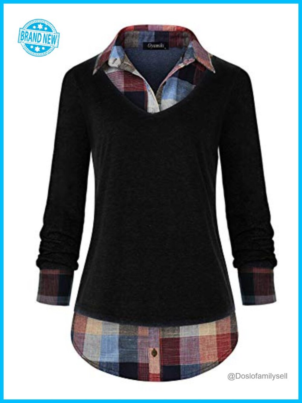 Women's 2 in 1 Collared Plaid Tunic Blouse Pullover Long Sleeve